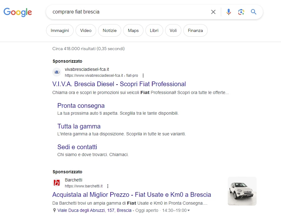 Esempio di risultati di ricerca a pagamento con scelta di parole chiave - perché le parole chiave sono importanti - SEO Brescia