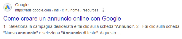 meta description in azione nei risultati di Google - SEO Brescia